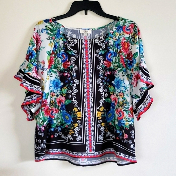 Umgee boho flutter sleeve multi-print top. Sz S - Picture 1 of 6